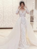 Long Sleeves Lace Bridal Dress with OverSkirt,12224
