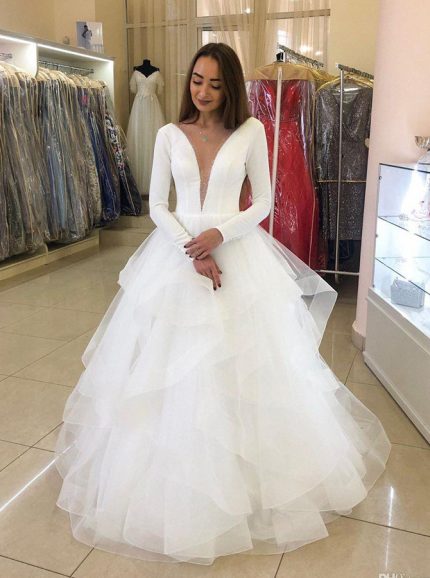 Long Sleeves Ruffled Bridal Gown,Modern Unique Wedding Dress,12202