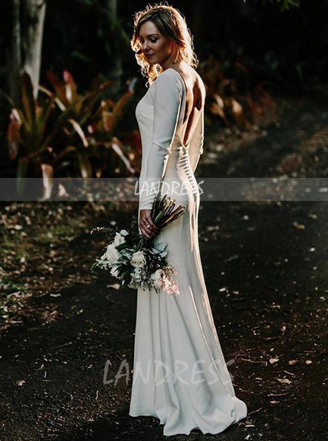 Long Sleeves Sheath Wedding Dress,Crepe Wedding Dress,12154
