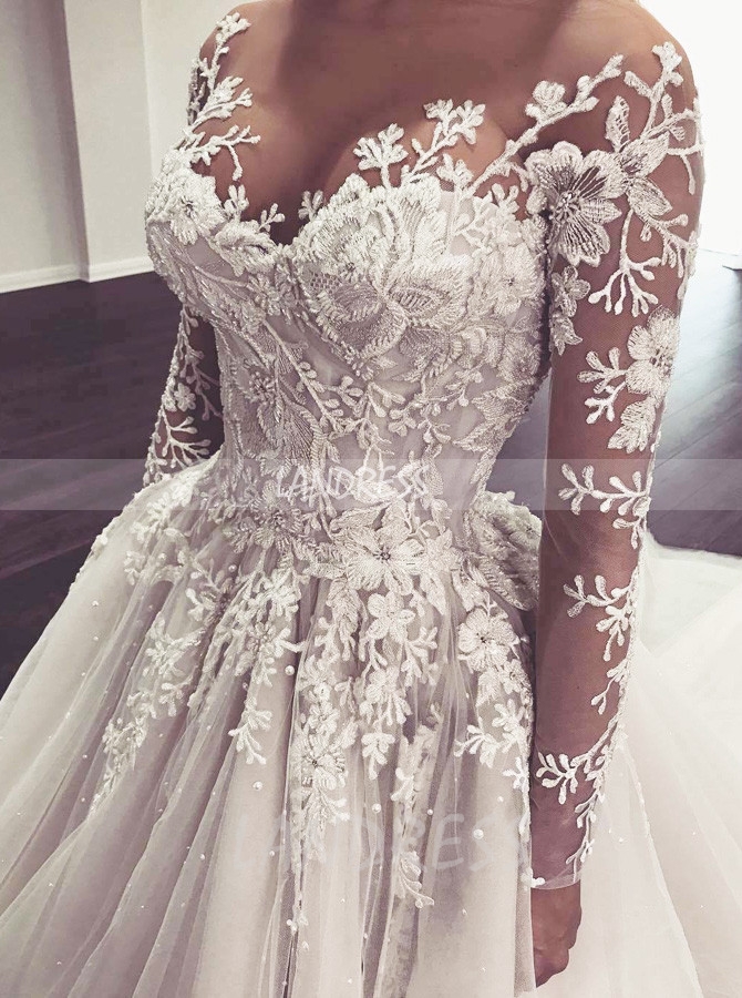 Luxurious Bridal Gown with Sleeves,Elegant Wedding Dress - Landress.co.uk
