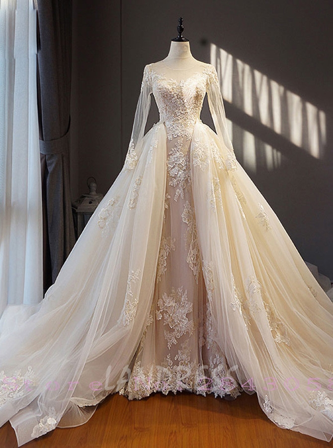 Luxury Wedding Dresses with Sleeves,Tulle Bridal Dress with Long Train.11660