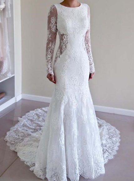 Mermaid Lace Wedding Dresses with Sleeves,Open Back Bridal Dress,11646