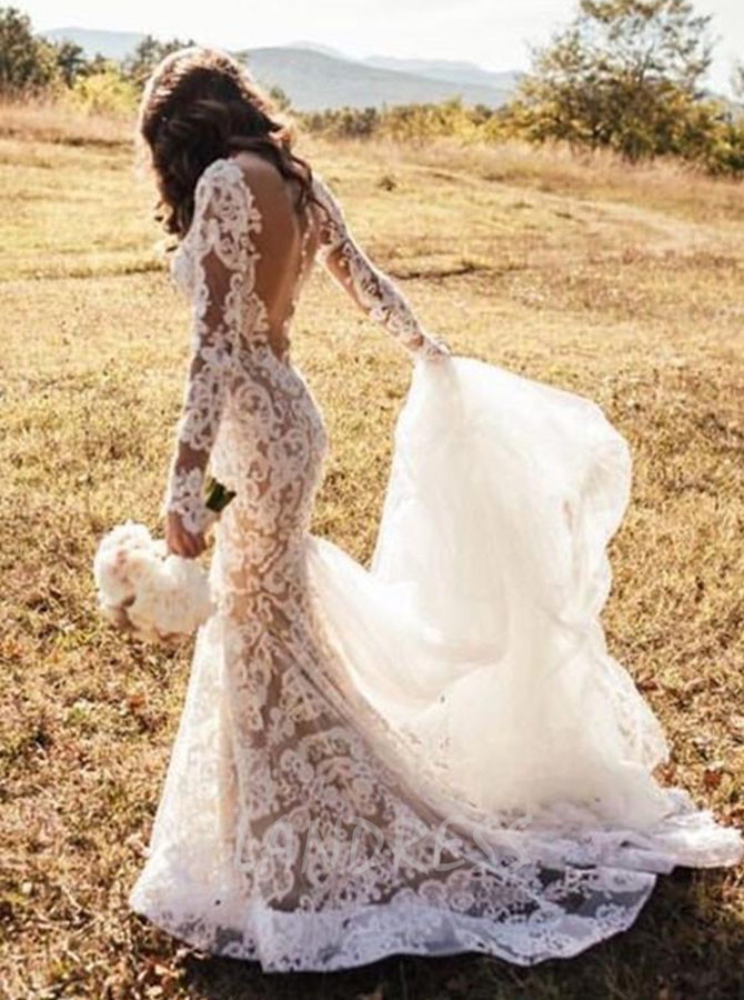 Mermaid Lace Wedding Dress with Long Sleeves,Boho Wedding Dress with Detachable train,12141