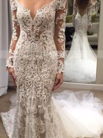 Mermaid Lace Wedding Dress with Long Sleeves,Boho Wedding Dress with Detachable train,12141