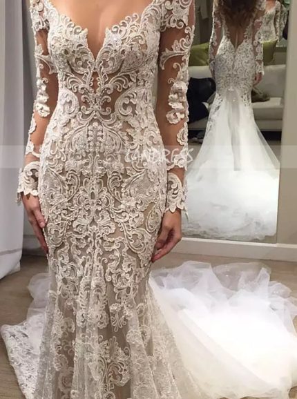 Mermaid Lace Wedding Dress with Long Sleeves,Boho Wedding Dress with ...