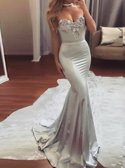 Mermaid Prom Dresses,Sweetheart Evening Dress,Silver Prom Dress,11202