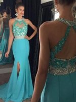 Mermaid Prom Dress with Slit,Chiffon Prom Dress,Blue Prom Dresses,11239