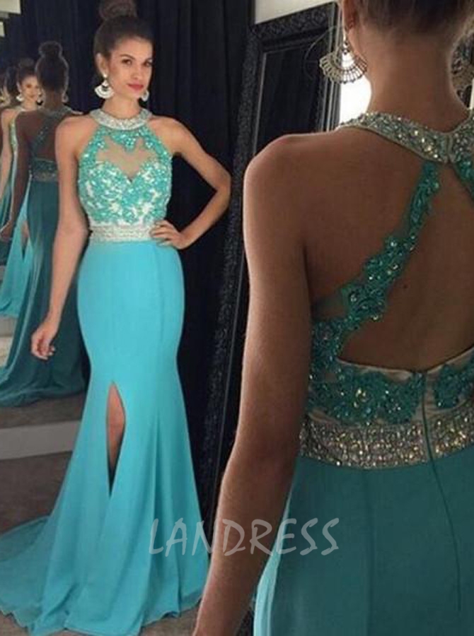 Mermaid Prom Dress with Slit,Chiffon Prom Dress,Blue Prom Dresses,11239