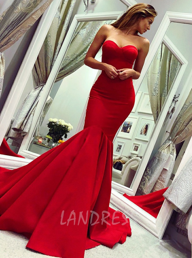 Mermaid Red Prom Dresses,Sweetheart Prom Dress,Satin Evening Dress,11181