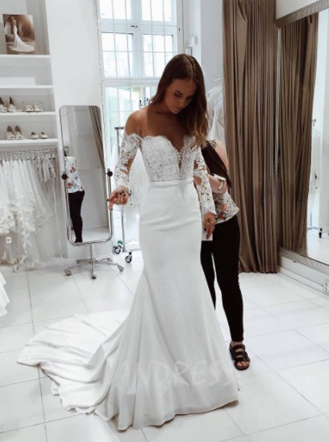 Mermaid Wedding Dresses with Sleeves,Off the Shoulder Chic Wedding Dress,11668