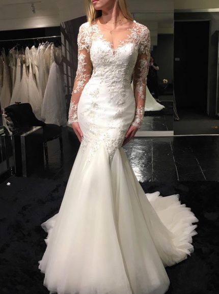 Mermaid Wedding Dress with Long Sleeves,Chic Bridal Dress,Tulle Wedding Dresses,11167