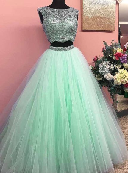 Mint Green Prom Dresses for Teens,Tulle Sweet 16 Dresses,Two Piece Prom Dress,11197