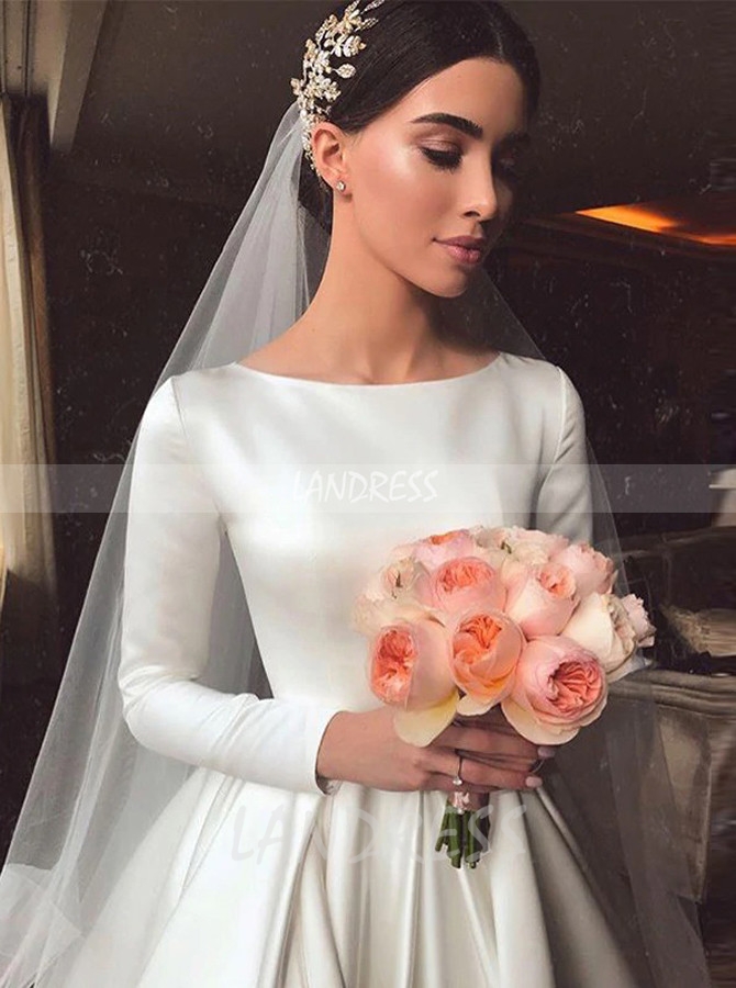Modest A-line Long Sleeve Satin Bridal Dress,12277