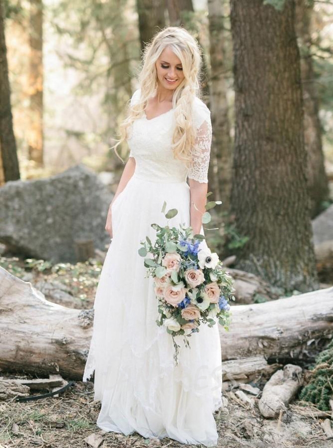 Modest A-line Wedding Dress with Short Sleeves,Lace Bridal Dress V-neck,12311