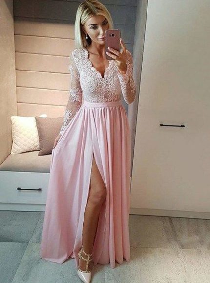 Modest Bridesmaid Dresses with Sleeves,Chiffon Prom Dress with Slit,11919