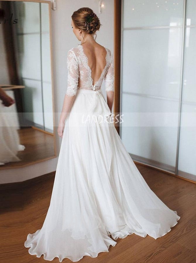 Modest Chiffon Wedding Dress with Sleeves,Inexpensive Rustic Bridal Dress,12191