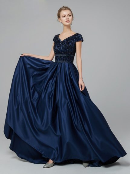 Modest Prom Dress with Cap Sleeves,Satin A-line Prom Dress,12012