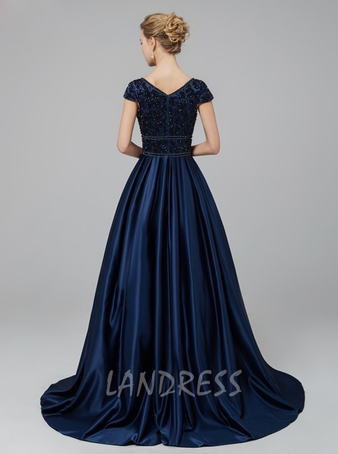 Modest Prom Dress with Cap Sleeves,Satin A-line Prom Dress - Landress.co.uk