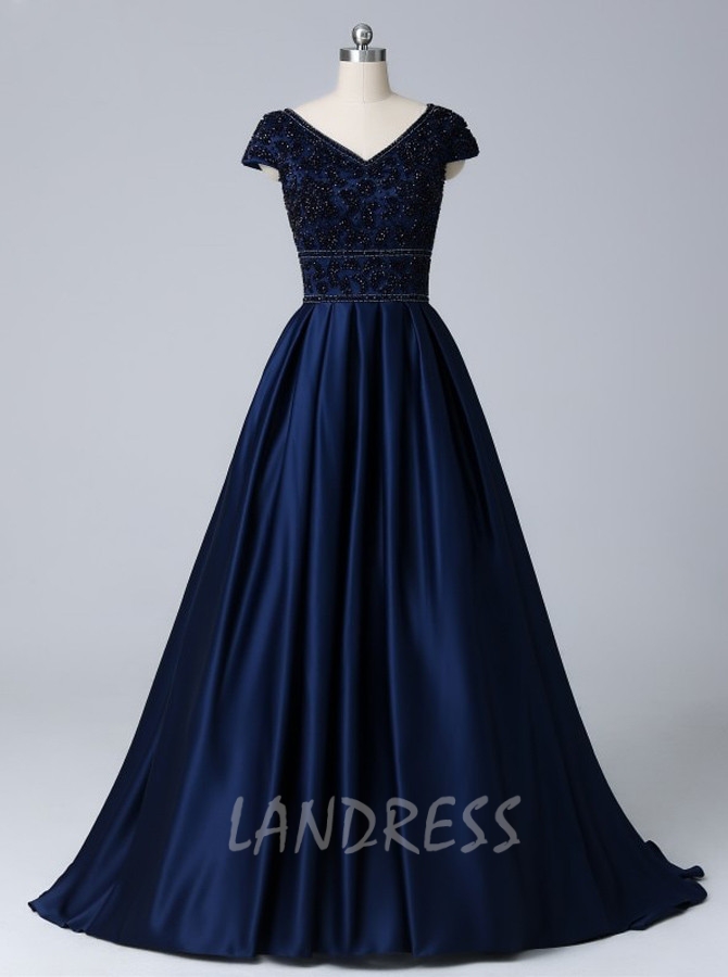 Modest Prom Dress with Cap Sleeves,Satin A-line Prom Dress - Landress.co.uk