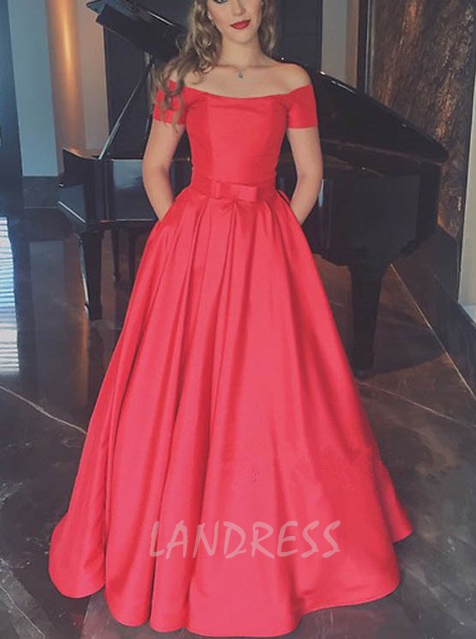 Off the Shoulder Prom Dress for Teens,A-line Satin Prom Dress,Red Prom Dress,11247