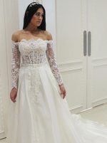 Off the Shoulder Wedding Dress with Long Sleeves,A-line Illusion Wedding Dress,12058