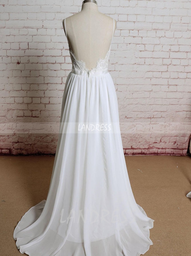 Open Back Beach Wedding Dresses,Romantic Wedding Dress with Straps,11632