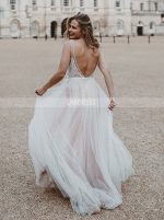Open Back Boho Wedding Dress,Tulle Wedding Dress with V-neck,12170