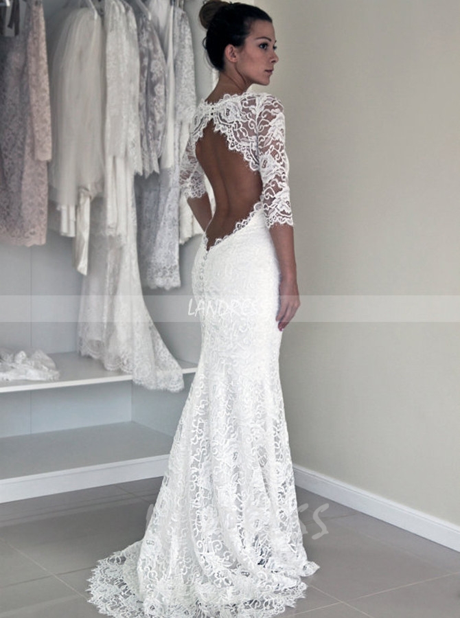 Open Back Wedding Dresses,Lace Mermaid Wedding Dress with Sleeves,11282