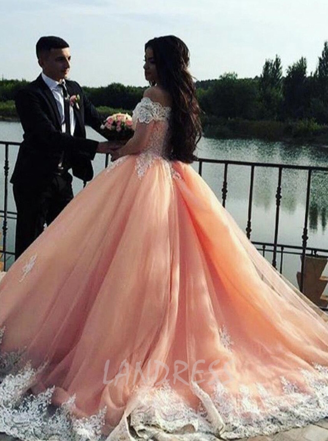 Peach Ball Gown Wedding Dress,Off the Shoulder Wedding Gown,Princess Wedding Gown,11145