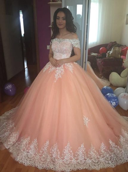 Peach Ball Gown Wedding Dress,Off the Shoulder Wedding Gown,Princess Wedding Gown,11145