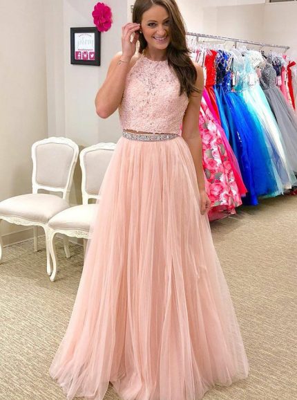 Peach Prom Dress for Teens,Two Piece Prom Dress,12014