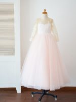 Pink Ball Gown Flower Girl Dresses,Girl Pageant Dresses with Sleeves,11844