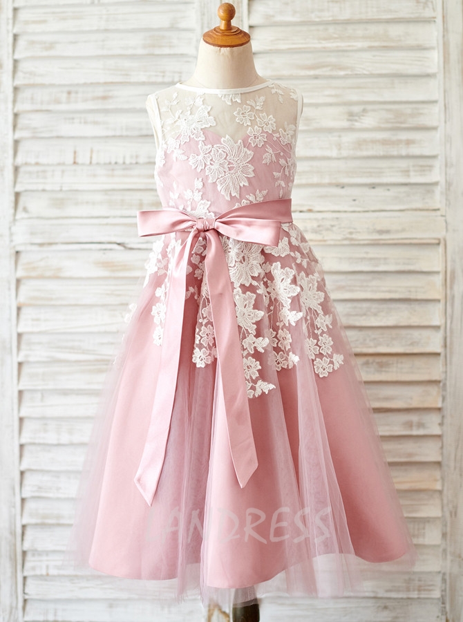 Pink Flower Girl Dresses,Tea Length Flower Girl Dress,11847