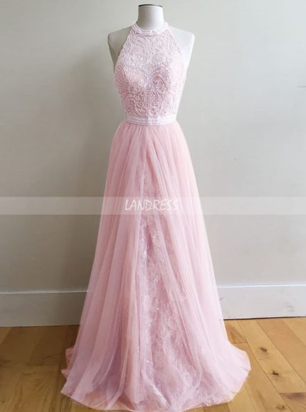 Pink Lace Tulle Prom Dresses,Halter Evening Dress,11965