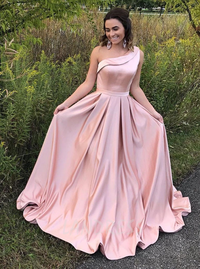 Pink One Shoulder Prom Dresses,Satin Princess Prom Dress,11253