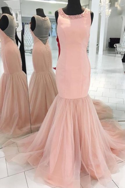 Pink Prom Dresses,Mermaid Evening Dress,Modest Prom Dress,11188