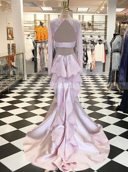 Pink Prom Dresses with Sleeves,Two Piece Satin Prom Dress for Teens,11993