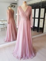 Pink Prom Dress with Long Sleeves,Ruched Prom Dress,Simple Prom Dress,11234