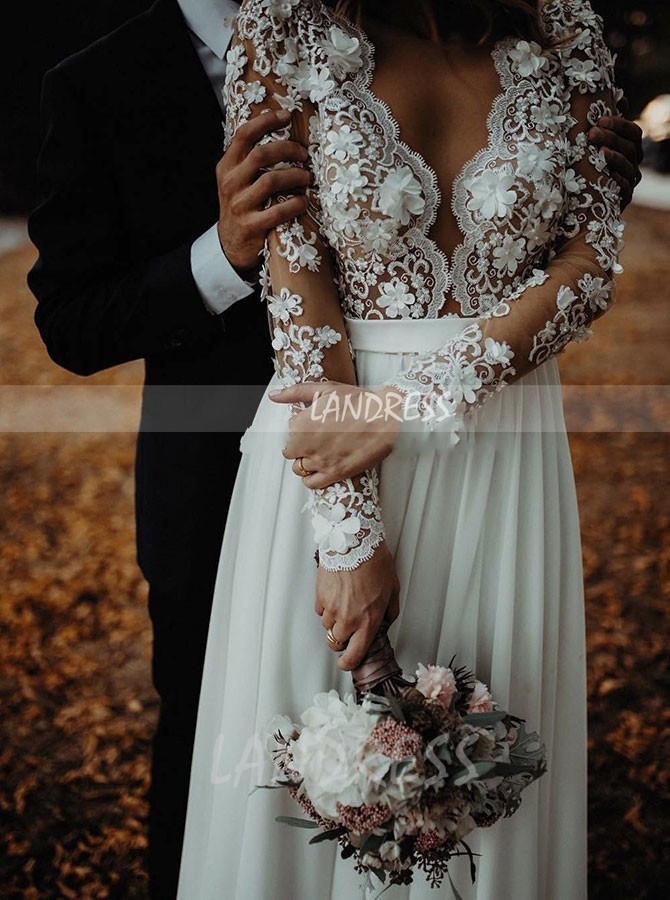 Plus Size Long Sleeves Wedding Dress,Outdoor Chiffon Wedding Dress,12163