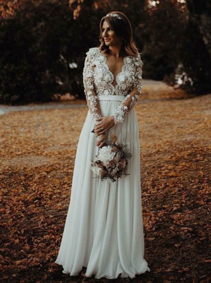 Plus Size Long Sleeves Wedding Dress,Outdoor Chiffon Wedding Dress,12163