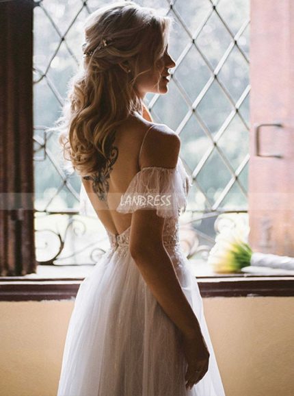 Princess Bridal Dress with Flutter Sleeves,Illusion Bodice with Open Back Wedding Dress,12174