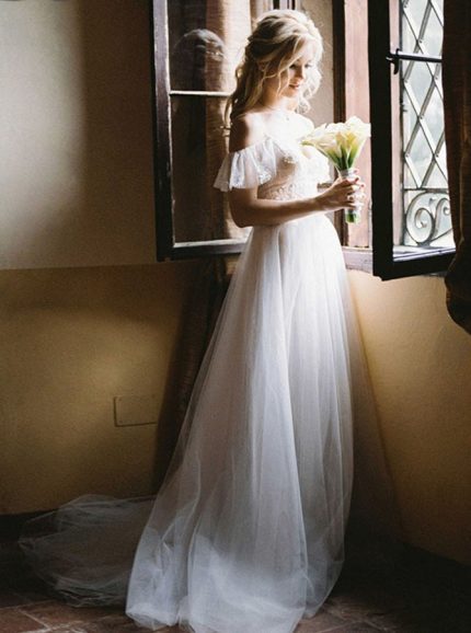 Princess Bridal Dress with Flutter Sleeves,Illusion Bodice with Open Back Wedding Dress,12174