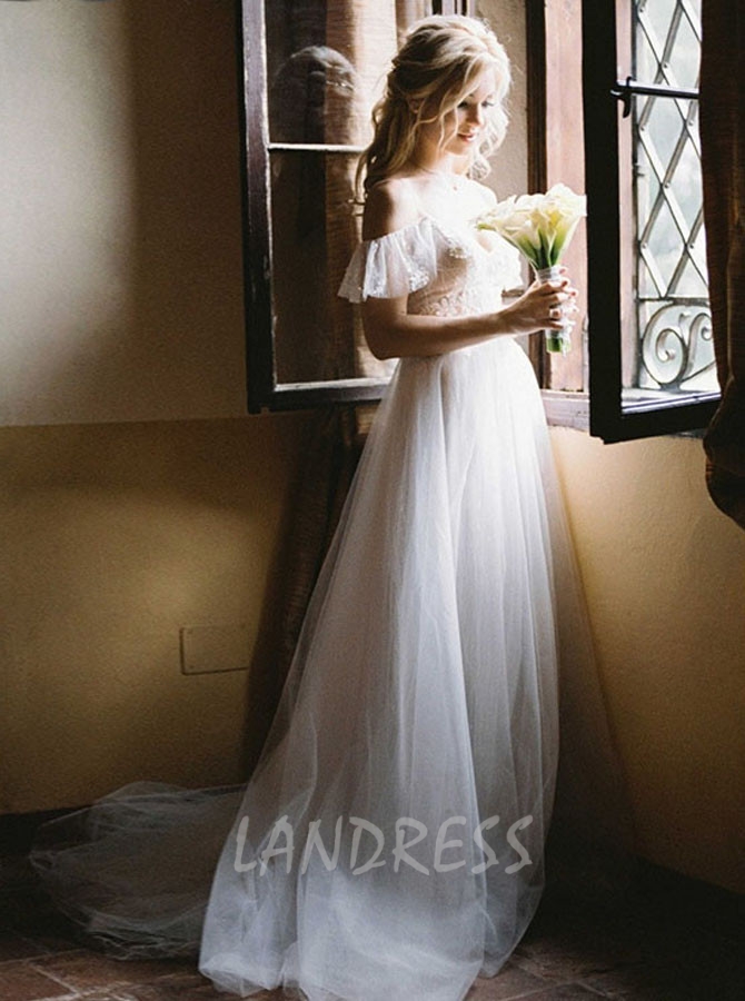 Princess Bridal Dress with Flutter Sleeves,Illusion Bodice with Open Back Wedding Dress,12174