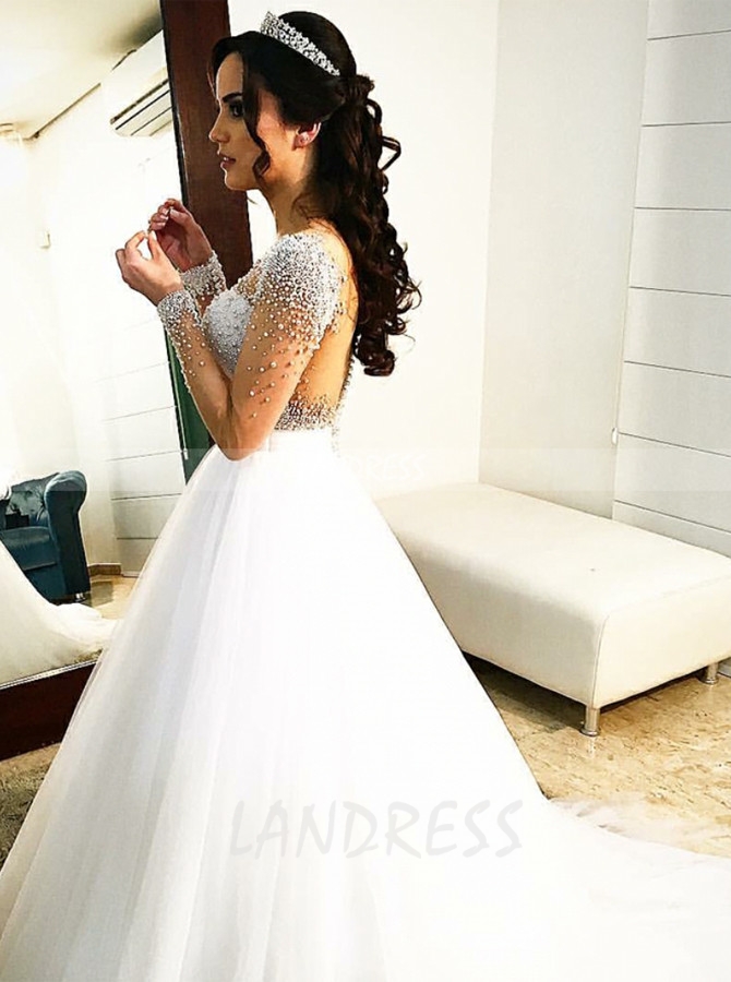 Princess Tulle Bridal Dress with Illusion Sleeves,Beaded Wedding Dress,12176