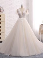 Princess Wedding Dresses with Short Sleeves,Tulle Bridal Dress,Champagne A-line Wedding Gown,11279