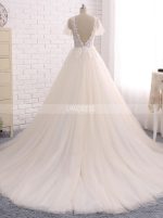 Princess Wedding Dresses with Short Sleeves,Tulle Bridal Dress,Champagne A-line Wedding Gown,11279