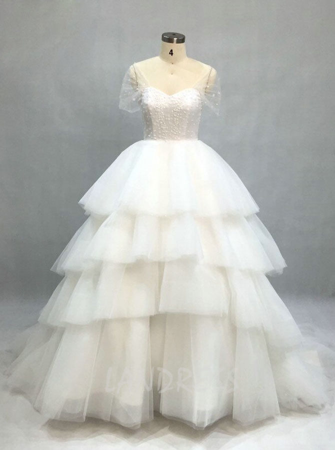 Princess Wedding Dress With Cap Sleeves,Ruffled Tulle Bridal Gown,12105