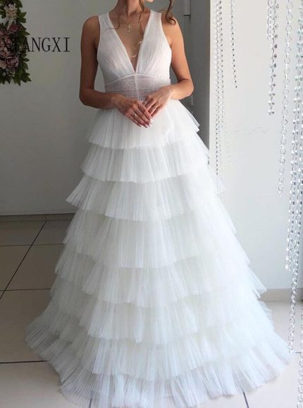 Princess Wedding Dress with V-neck,Cascading Ruffled Bridal Gown,12193