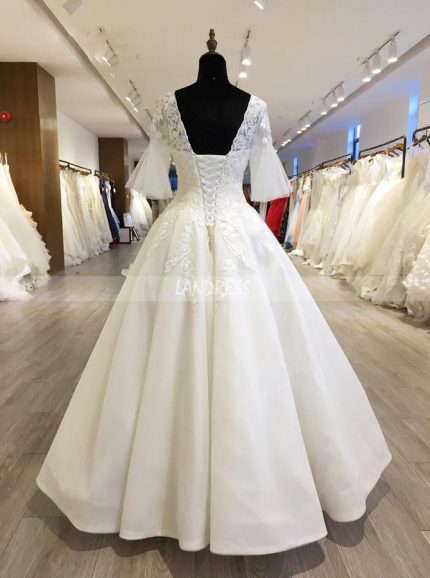 Princess Wedding Gown with Bell Sleeves,Floor Length Bridal Dress,11563