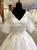 Princess Wedding Gown with Bell Sleeves,Floor Length Bridal Dress,11563